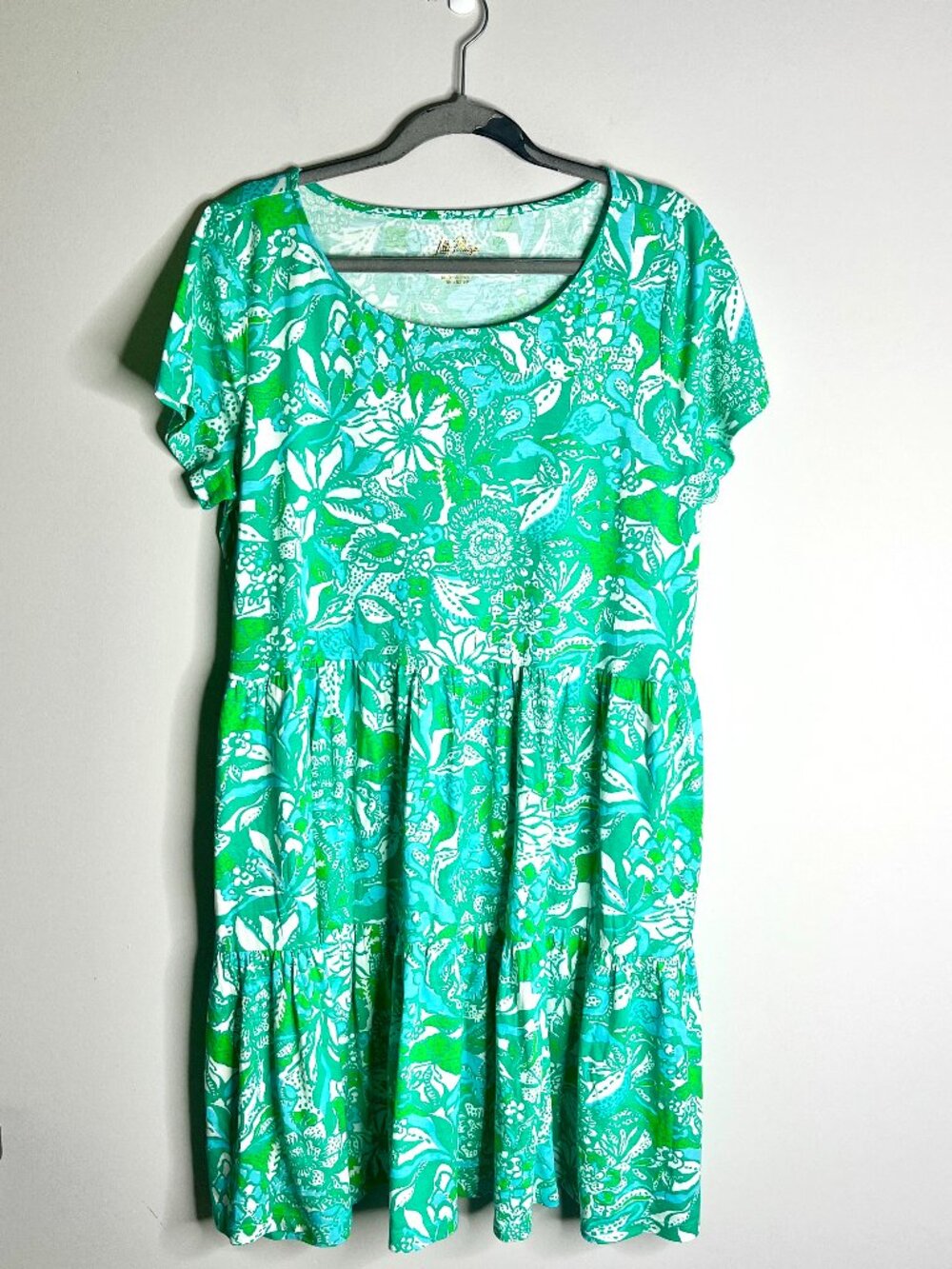 Lilly Pulitzer Geanna Dress Botanical Green Safari Sangria Tiered Shift Sz XL